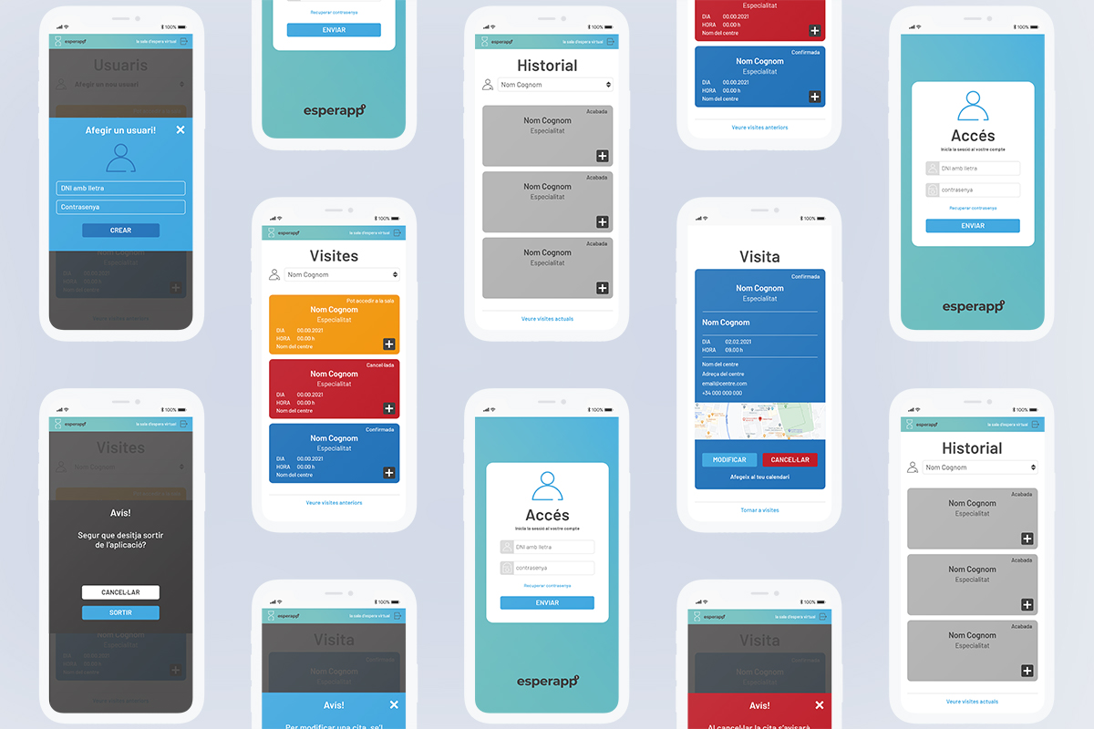 Esperapp. La teva sala d'espera virtual. Disseny Identitat Visual Corporativa, APP, Web, Peces corporatives. Pantalles interiors, totes, en llençol.