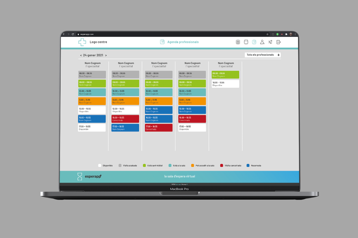 Esperapp. La teva sala d'espera virtual. Disseny Identitat Visual Corporativa, APP, Web, Peces corporatives. Backend pel centre mèdic.