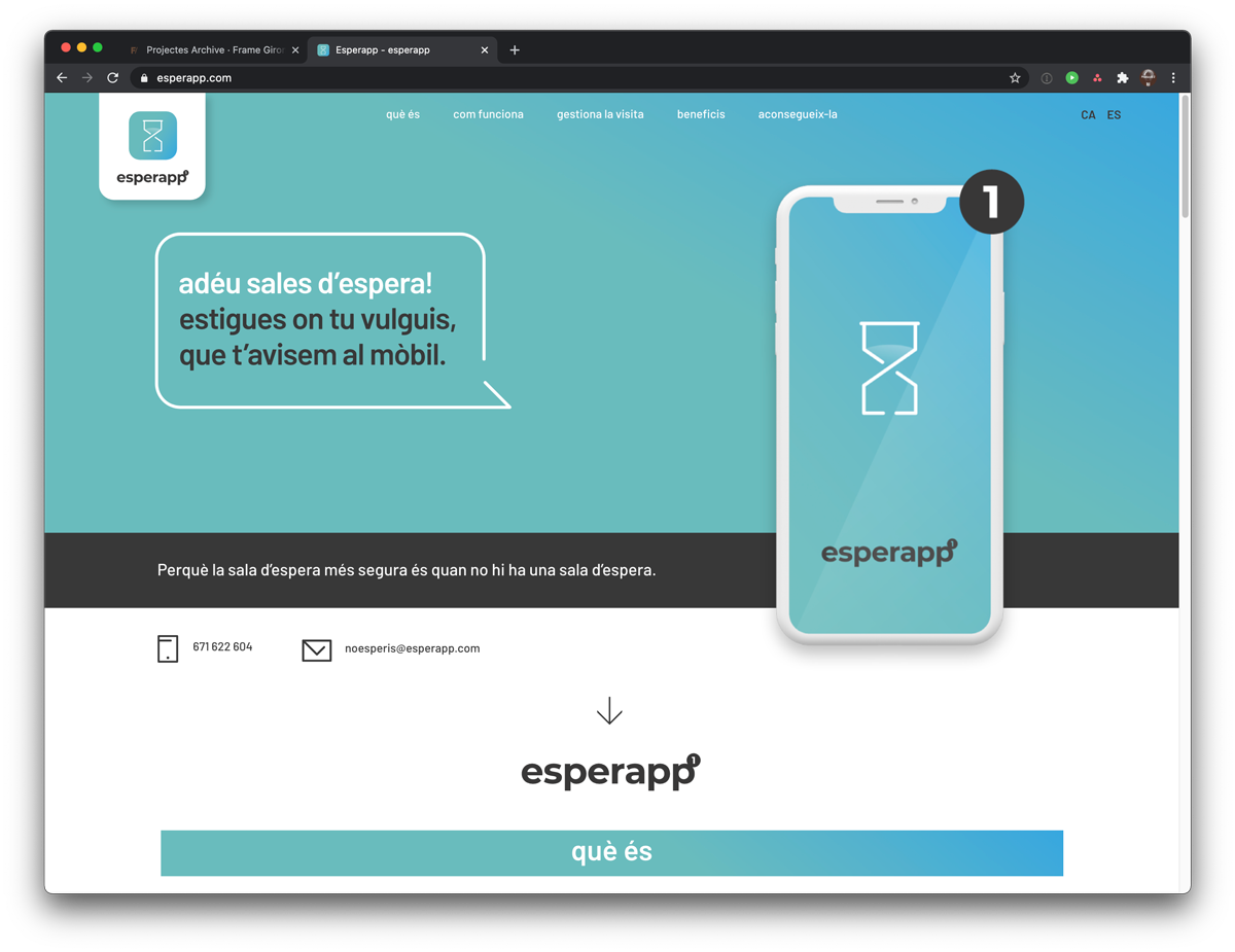 Esperapp. La teva sala d'espera virtual. Disseny Identitat Visual Corporativa, APP, Web, Peces corporatives. Web onepage.